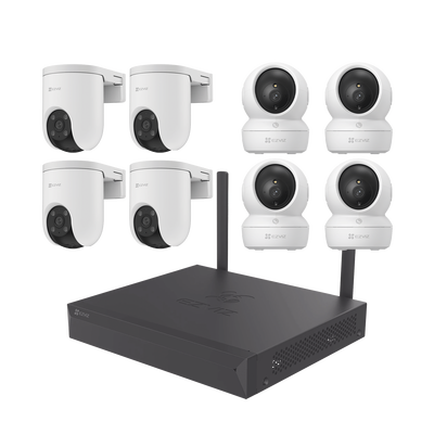Kit de cámaras Wi-Fi / 3 Megapixel / Incluye 8 Cámaras (4 camaras Para Interior y 4 Cámaras Para Exterior) / 1 NVR WI-FI 8 Canales / Vision Nocturna a Color / Detección de Humanos